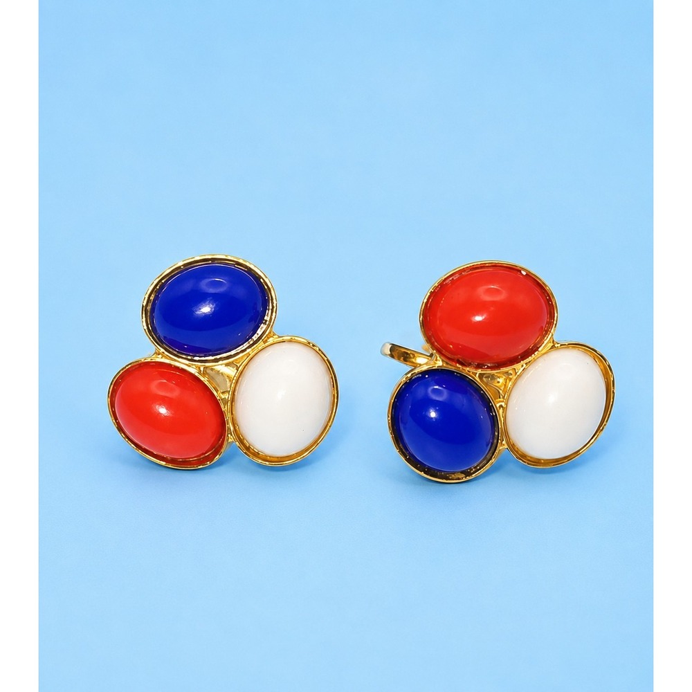 Vintage Red White Blue Enamel Gold Tone Clip On‎ Earrings Retro USA -3273